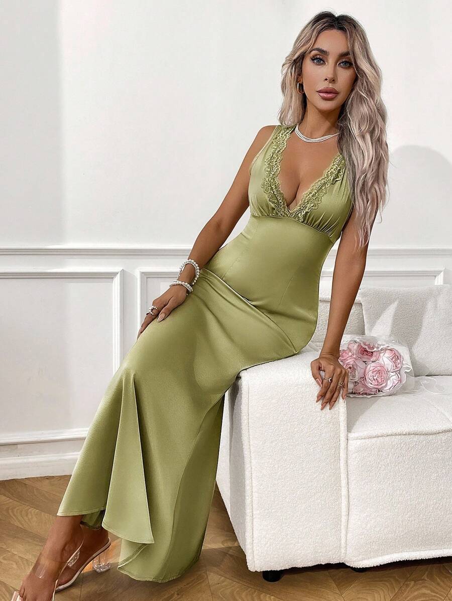 Chiquease Women's Elegant Satin Lace Patchwork Romantic Mid-Length Dress Summer Dress Clothes For University - Green - View 1