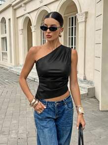 SHEIN X Belinda Siren Gaze Top con un solo hombro plisado de PU color burdeos, top adelgazante con cintura fruncida para mujeres