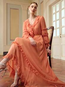 ZEYLAH Women's Elegant Floral Lace Trim Long Sleeve Dress, Solid Color Fall Cloth For Women