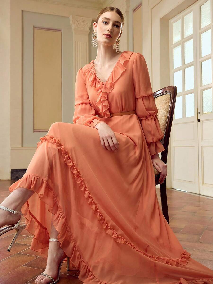 ZEYLAH Women's Elegant Floral Lace Trim Long Sleeve Dress, Solid Color Fall Cloth For Women