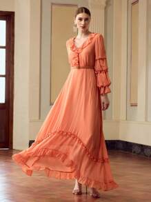 ZEYLAH Women's Elegant Floral Lace Trim Long Sleeve Dress, Solid Color Fall Cloth For Women