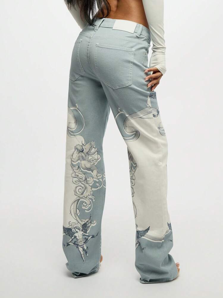 SUMWON WOMEN Renaissance Angel Print Wide Leg Statement Piece Jeans