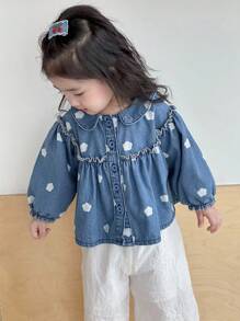Dazy Kids Áo sơ mi denim in họa tiết cổ Peter Pan giản dị cho bé gái mới biết đi - Màu xanh lam - Xem 8