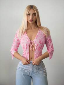 Sweetina Sheer Sequins Embroidered Tie-Front Blouse For Women - Pink - View 4