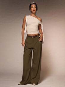 Glamine Women's Apricot Color With PU Belt Pocket Flare Leg Trousers, Stylish Commuter Office Elegant Versatile Casual Pants For Summer High Waisted Pants Wide Leg Pants Pants With Pockets Women Slacks Pants With Belt Fall Cloth For Women - Brown - View 3