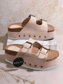 SHUZIA Women Shoes Wide Fit Open Toe Double Buckle Cork Footbed Slide Sandals Women Taupe Suede Wide Fit Flat Sandals