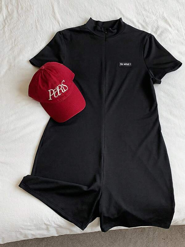 SHEIN EZwear Summer Letter Patch Zipper Black Jumpsuit Sports Dress Kpop Clothes