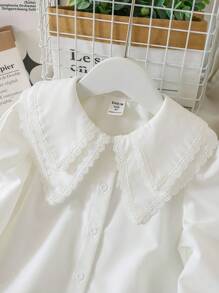 SHEIN 年轻女孩纯色彼得潘领修身休闲衬衫，女孩优雅刺绣花卉蕾丝花边长袖休闲套头衫，春/秋季，返校，白色女孩白色衬衫女孩长袖白衬衫女孩领衬衫女孩蕾丝领衬衫女孩白色衬衫秋冬 - 白色 - 查看 5