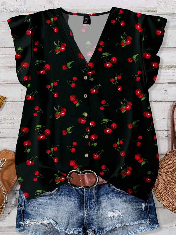 EMERY ROSE Camicie casual larghe con stampa di ciliegie, adatte per l'estate, per donne taglie comode