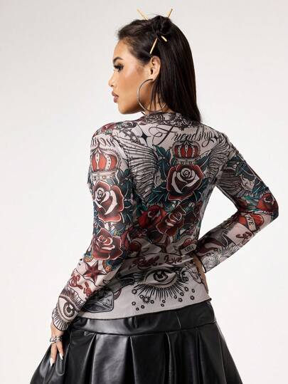 ROMWE Avant Plus Size Retro Heart Rose Skull Flame Floral Print Mesh Tank Top