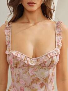L'Amorae Blusa de mujer sin mangas con cuello cuadrado, volantes, dobladillo asimétrico y estampado, con cremallera y diseño de medios mixtos