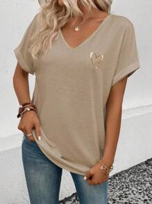 EMERY ROSE New Design Women's Fashion Heart Metallic Print V-Neck Short Sleeve T-Shirt - Apricot - View 4