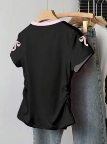 Teen Girl Contrast Color Sports Casual Numeric Print Fitted Short Sleeve T-Shirt - Multicolor - View 2