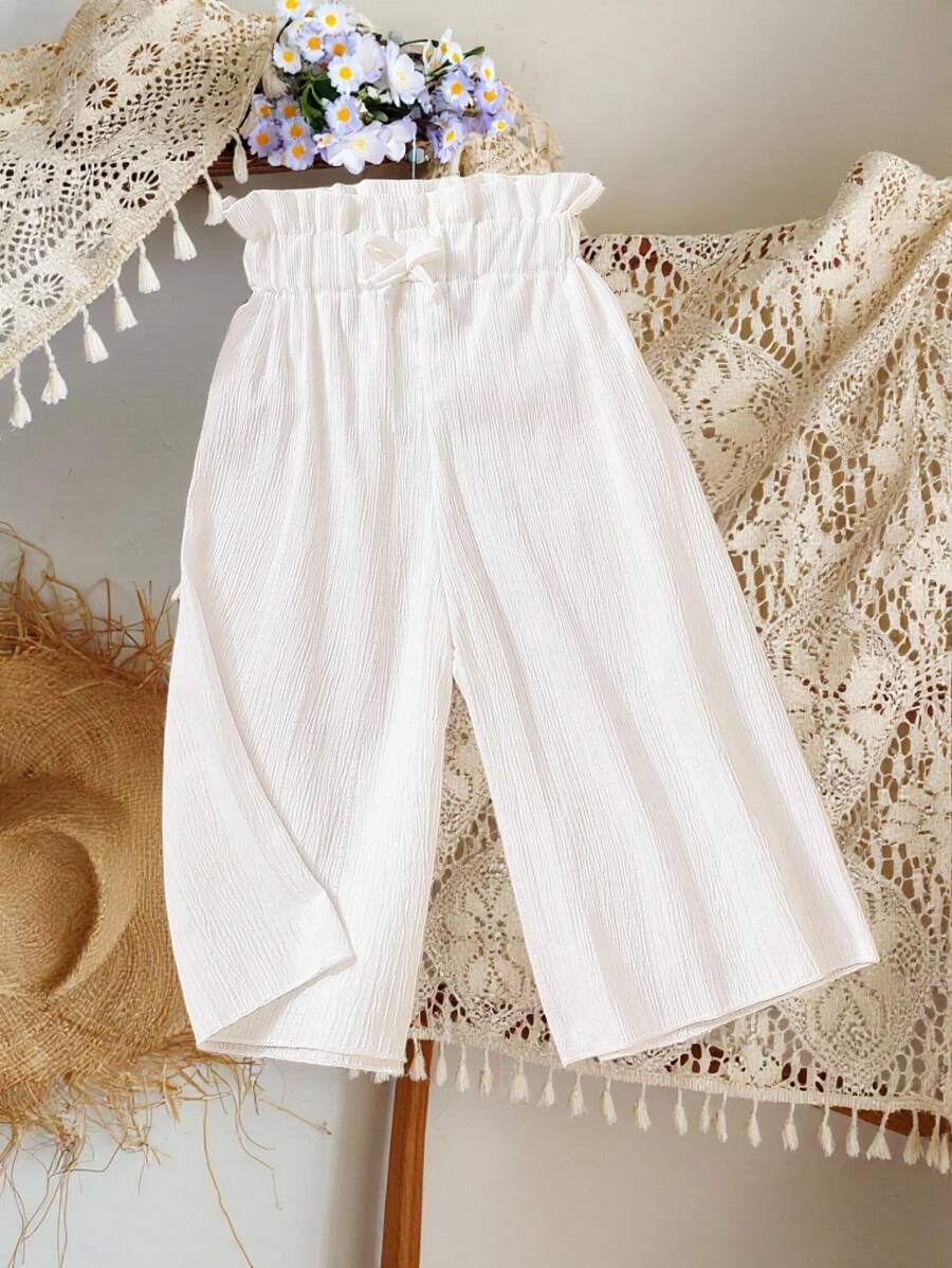 SHEIN Vintaside Kids Baby Girls' Casual & Elegant Wide-Leg Pants With Bowknot, Suitable - White - View 1
