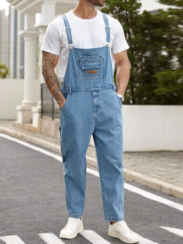 Manfinity Homme Salopette ample et décontractée pour homme grande taille, résistante aux plis, avec poche brodée sur la poitrine, en denim bleu