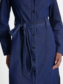 Women's Casual Waist Cinched Mid-Length Denim Dress - Dark Wash - View 5