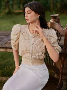 Savoree Summer Fashionable Elegant Niche Patchwork Puff Sleeve Blouse For Women