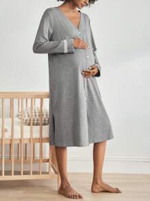 BloomMama 孕妇单排扣长袖睡裙，适合妈妈们穿着，秋冬季睡衣连衣裙 - 深灰色 - 查看 3