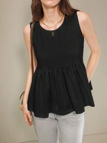 Muvela Blusa elegante da donna con scollo rotondo, volant e orlo senza maniche, bianca tinta unita, top estivo elegante per signore