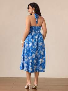 SHEIN MOD Plus Size Women Blue & White Halter Dress,Halter Neck Straps, Sexy Beach Dress,Garden Party Dress,Waist-Hugging Sundress,Suitable For Holiday, Picnic, Beach, Date, Casual Wear,Valentines Clothes,Vacation Outfits Woman,Summer Outfits For Women,Beach Outfits For Wom