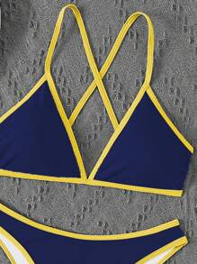 SHEIN Swim 女款夏季海灘撞色掛脖綁帶性感比基尼兩件式泳衣套裝 - 彩色 - 查看 6
