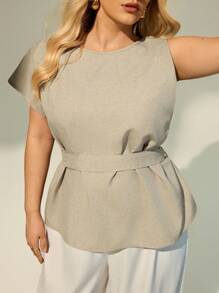 Auralis Plus Size Solid Color Summer Khaki Smart Casual Office Shirt,Elegant Commuter Business Asymmetric Sleeve Tops,Teacher Work Fashion For Women - Khaki - View 5