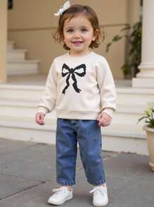 SHEIN Baby Girl 2 Pieces Set,Apricot White Round Neck Long Sleeve Sweatshirt,Graphic Black Bow Print,Blue Denim Pants,Cute Autumn Back-To-School Casual Wear - Apricot - View 3