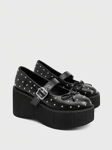 Sugerpunk Zapatos de cuña de plataforma de moda para mujer, de puntera redonda, con tachuelas en estilo gótico punk, decoración de lazo linda, apropiados para uso casual y actuaciones en el escenario - Negro - Ver 7