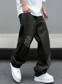 Manfinity EMRG 大码男士都市街头休闲宽松黑色破洞牛仔裤男士宽松直筒休闲裤