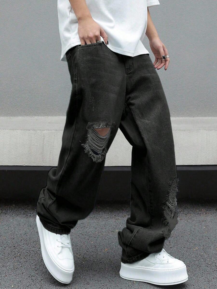 Manfinity EMRG 大码男士都市街头休闲宽松黑色破洞牛仔裤男士宽松直筒休闲裤