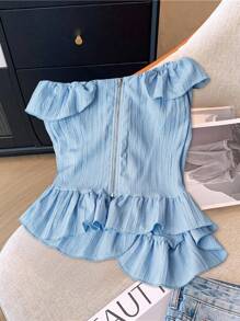 SHEIN LUNE 夏季优雅纯色荷叶边抹胸上衣，浅蓝色荷叶边上衣，度假风 - 藍色 - 查看 2