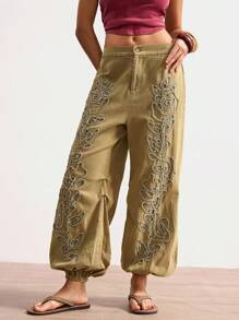 Bohemela 波西米亚风复古休闲度假风格 3D 刺绣宽松腰带抽绳阔腿女裤