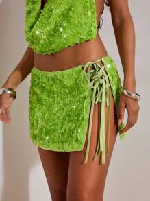 Opulessa 夏季海滩生日派对女士纯色闪亮亮片侧系性感短裙，秋季，Y2k 街头服饰，乡村音乐会，办公室，夜间外出，约会之夜，机场 - 綠色 - 查看 5