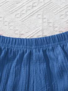 2pcs Young Girl Set: Woven Solid Color Round Neck Sleeveless Tank Top And Woven Solid Color Loose Shorts