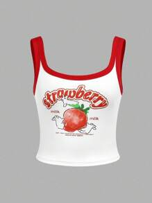 Y2K Strawberry Print Camisole, Teen Girls Base Layer Top