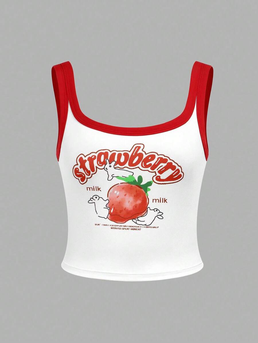 Y2K Strawberry Print Camisole, Teen Girls Base Layer Top