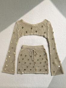 Soleia Bộ áo choàng dài tay hở vai sequin màu trơn và chân váy xẻ nửa cho kỳ nghỉ của phụ nữ - Màu Khaki - Xem 6