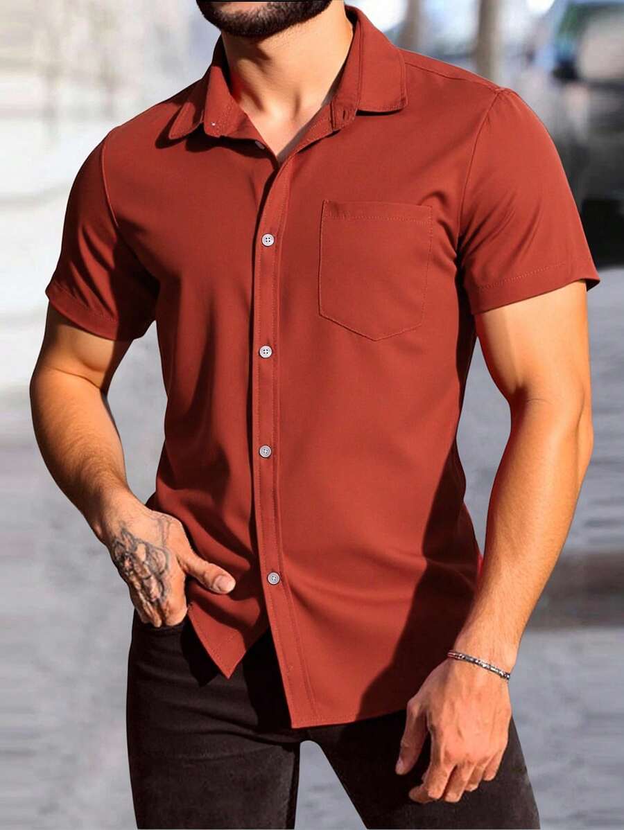 Manfinity Homme 男士休闲纯色短袖衬衫，适合夏季日常户外穿着 - 亮橙色 - 查看 1