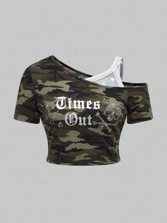 J-Fashion Camiseta de un solo hombro con estampado de calavera y rhinestones en estilo Harajuku Punk para tallas grandes