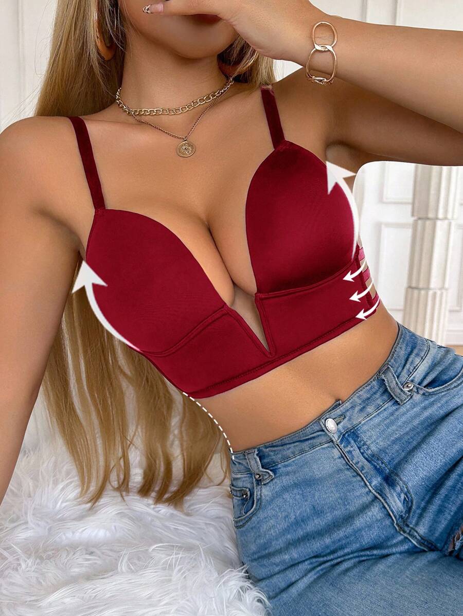 DesireSculpt 1 件女士纯色性感深 V 领露背文胸 - 酒紅色 - 查看 1