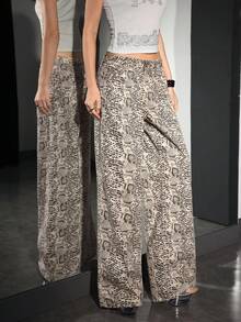 SHEIN EZwear 女式蛇皮纹阔腿宽松休闲牛仔裤 - 彩色 - 查看 5