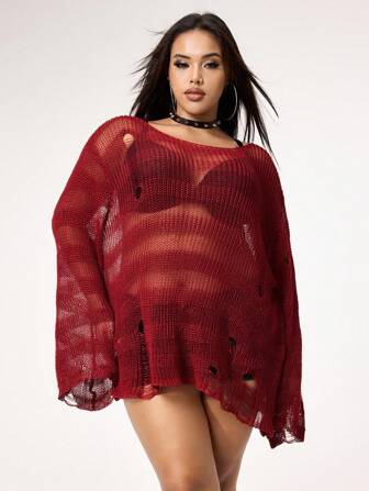 Grunge Punk Plus Size Women's Drop Shoulder Loose Bell Sleeve Distressed Sheer Pullover Sweater, Spring/Summer/Autumn