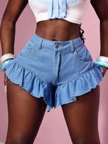 Slaydiva Quần short denim thời trang mùa hè viền bèo nhún màu trơn cho nữ - Rửa nhẹ - Xem 4