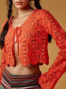 MISSGUIDED Áo khoác cardigan tay chuông móc thắt nơ phía trước lễ hội Boho mùa hè bãi biển che phủ mặc đi nghỉ dưỡng áo choàng Bohemian - trắng - Xem 6