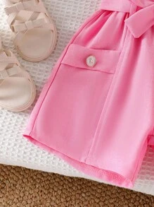2 pièces Ensemble fille (petit) - Débardeur rose avec décoration florale 3D et ceinture de taille, ensemble short, été