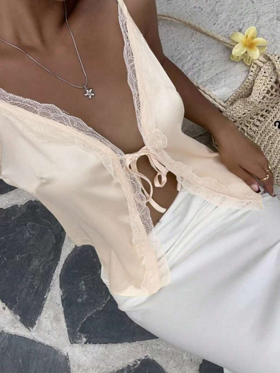 Chiquease Women's Solid Color Contrast Lace Front-Tie Casual Tank Top - Apricot - View 1