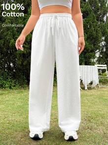 SHEIN EZwear Pantalones De Pierna Recta Con Cordón Para Mujeres De Talla Grande