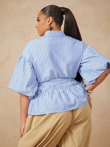 Vixey 条纹泡泡袖褶皱后背纽扣式办公室衬衫，配有系带腰带