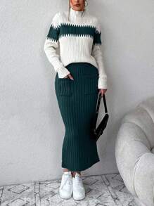 EURMUSE 2 件套女士休闲撞色拼布立领毛衣和针织迷你裙，秋冬 - 墨綠色 - 查看 6