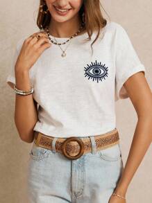 Poéselle Áo thun 100% cotton với họa tiết thêu hình con mắt tượng trưng, màu trắng, thích hợp cho mùa hè, mùa cưới, áo thun thêu phong cách Cottagecore, áo thun tay ngắn, phong cách thường ngày thanh lịch. - Xanh và trắng - Xem 3